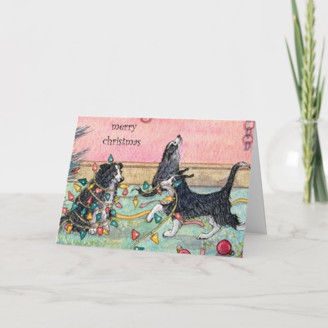 Festiva Ayuda con las luces, perros, tarjeta de Navidades (Anverso)