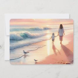 Festiva Beach Sunrise con tarjeta plana para madre e hijo