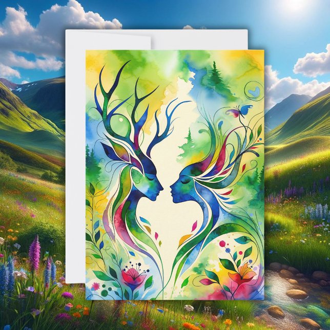 Festiva Beltane Bendición Tarjeta de vacaciones plana Lord (beltane deer pagan wiccan witch holiday greeting card watercolor illustration)