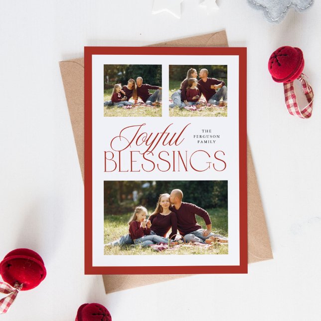 Festiva Bendiciones alegres tarjeta de 3 fotos para Navida (joyful blessings religious Christmas photo card)