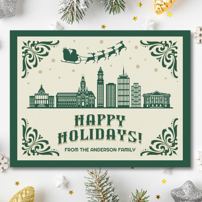 Festiva Boston, MAMÁES Skyline, feliz postal de vacaciones (Happy Holidays Boston, MA skyline cityscape christmas postcard customizable real estate Santa )