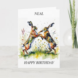 Festiva Boxing Hares Spring Meadow Tarjeta de cumpleaños
