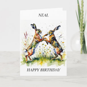 Festiva Boxing Hares Spring Meadow Tarjeta de cumpleaños