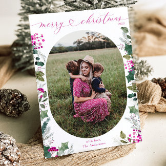 Festiva Brillante Boho Rosa Greenery 1 Tarjeta de Navidade