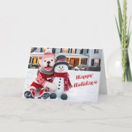 Festiva Bulldog americano posando con su tarjeta de Snowma