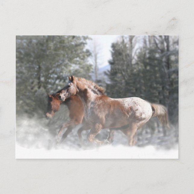 Festiva Caballos en la postal de Navidades de nieve (Anverso)