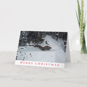 Festiva Cabina de madera en la tarjeta de Navidades con vi
