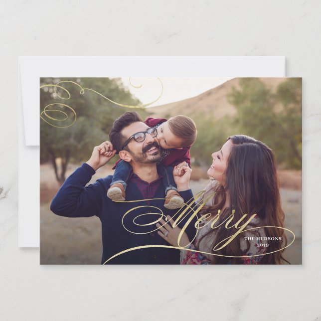 Festiva Calligrafía de oro Gran Foto Tarjeta navideña de m (Anverso)