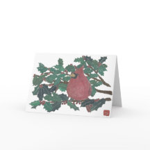 Cardenal, árbol holly, tarjeta de saludo de vacaci