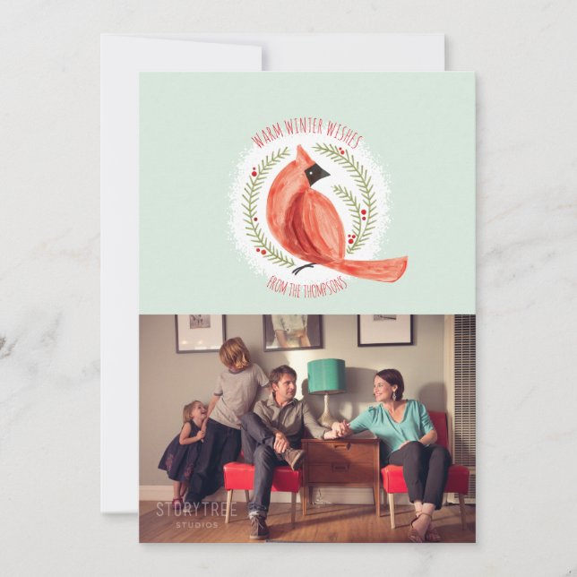 Festiva Cardenal pintado Wreath tarjeta de vacaciones de u (Anverso)