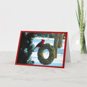 Festiva Cardenal rojo en tarjeta de vacaciones de Wreath
