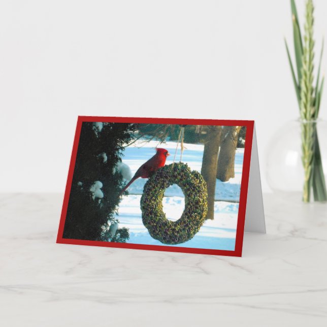 Festiva Cardenal rojo en tarjeta de vacaciones de Wreath (Anverso)