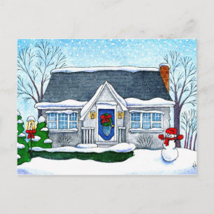 Festiva Casa de Navidades, muñeco de nieve, postal de invi