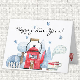 Festiva Casa de Tetera Caprichosa Tarjeta de Feliz Año Nue