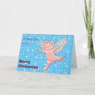 Festiva Cerdo volador con tarjeta de Navidades de nieve