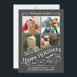Festiva Chalkboard Happy Holidays Tarjeta plana de 4 fotos<br><div class="desc">Navidades del panel de la ventana de escarcha Tarjetas de felicitación planas de vacaciones con cuatro marcos de foto. Tablero de estilo retro divertido y festivo sobre el fondo negro-gris tradicional con elegantes rollos huecos y elegantes letras tipográficas tipográficas rústicas giratorias. Pulse en Personalizar () para ajustar el marco interior...</div>