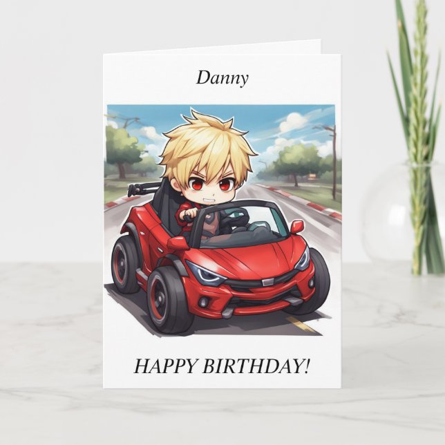 Festiva Chibi Boy racing car Tarjeta de cumpleaños (Anverso)