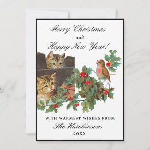 Festiva Chic Vintage Kittens Bird Tarjeta de vacaciones pl