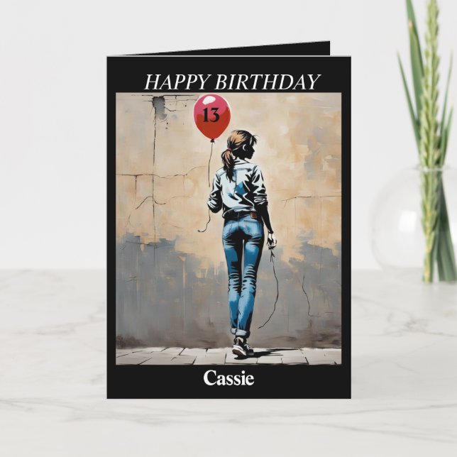 Festiva Chica adolescente con globo rojo Tarjeta AI estilo (Anverso)