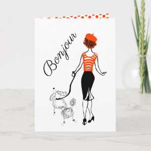 Festiva Chica Bonjour y tarjeta de felicitación de caniche