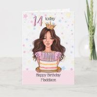 Chica de Brunette con tarjeta de cumpleaños Cake H