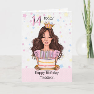 Festiva Chica de Brunette con tarjeta de cumpleaños Cake H