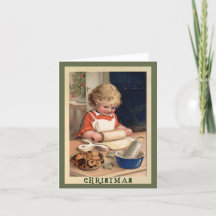 Chica horneando cookies con la tarjeta de Navidade