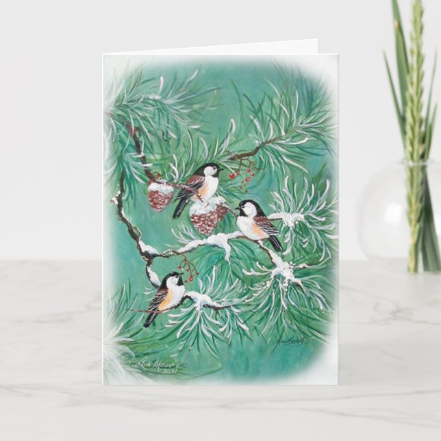 Festiva Chickadees y tarjeta del pino (Anverso)