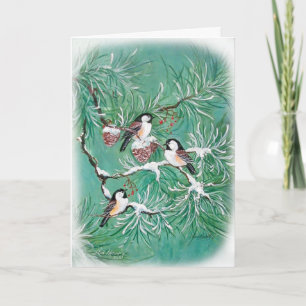 Festiva Chickadees y tarjeta del pino