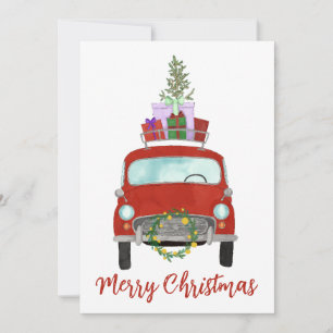 Festiva Coche retro rojo con tarjeta de vacaciones de rega