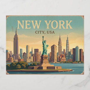 Festiva Con Relieve Metalizado Ciudad de Nueva York EE. UU. Postal Vintage de Via