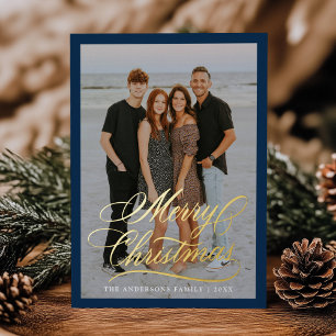 Festiva Con Relieve Metalizado Elegante Tarjeta de Navidad Script Navy 2 Fotos