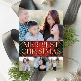 Festiva Con Relieve Metalizado Elegantes Navidades de Tartán Rojo Foto Tarjeta de