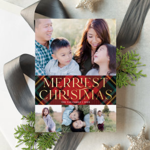 Festiva Con Relieve Metalizado Elegantes Navidades de Tartán Rojo Foto Tarjeta de