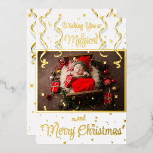 Festiva Con Relieve Metalizado Foto mágica blanca Feliz Navidad Tarjeta de felici