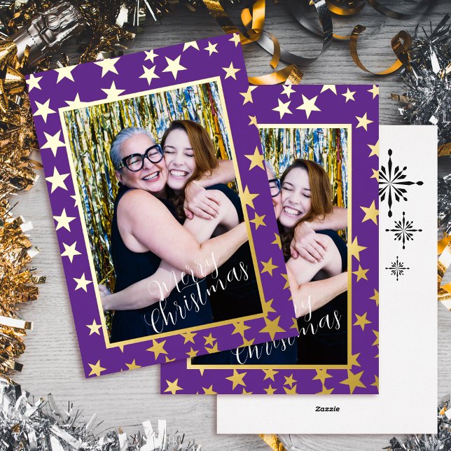 Festiva Con Relieve Metalizado Navidades Starry Foto Tarjeta de vacaciones de Rel (Starry Christmas Photo Purple Foil Holiday Card)