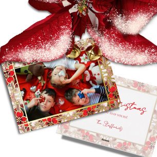 Festiva Con Relieve Metalizado Poinsettias de Navidades rojos en la tarjeta navid