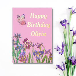 Festiva Con Relieve Metalizado tarjeta de cumpleaños de iris rosa