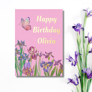 Festiva Con Relieve Metalizado tarjeta de cumpleaños de iris rosa