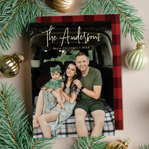 Festiva Con Relieve Metalizado Tarjeta de Foto Cuadrada Escrita a Mano Plaid Roja
