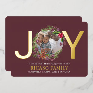 Festiva Con Relieve Metalizado Tarjeta de foto de Merry Christmas Joy Wreath