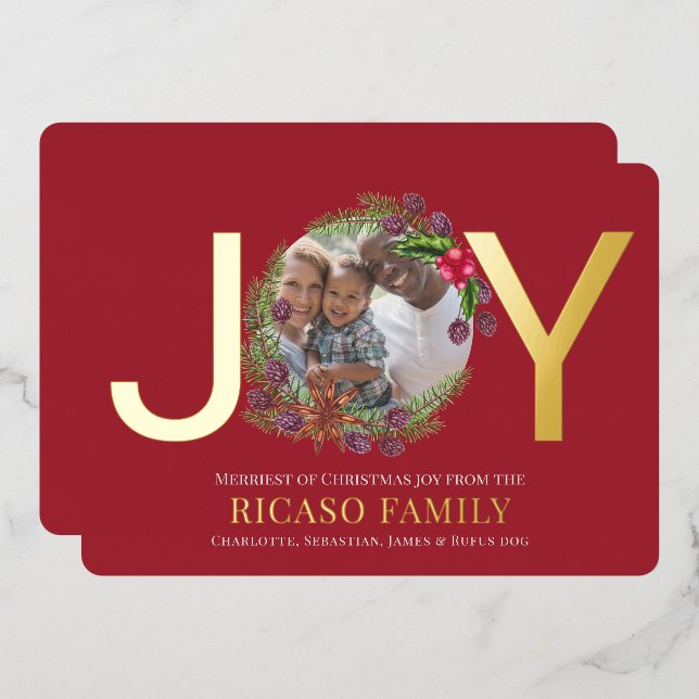 Festiva Con Relieve Metalizado Tarjeta de foto de Merry Christmas Joy Wreath (Anverso/Reverso)