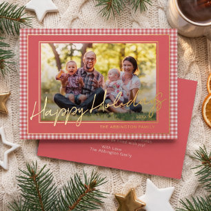 Festiva Con Relieve Metalizado Tarjeta de Foto Familiar Chic Gingham Dorado Felic