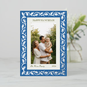 Festiva Con Relieve Metalizado Tarjeta de Foto Familiar de Hanukkah Botánico Azul