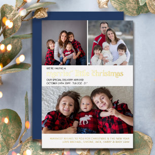 Festiva Con Relieve Metalizado Tarjeta de Navidad 3 Fotos Nuevo Bebé Oro Foi