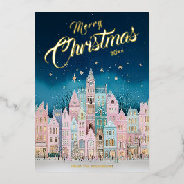 Festiva Con Relieve Metalizado Tarjeta de Navidad de la Ciudad Estrellada de Foil