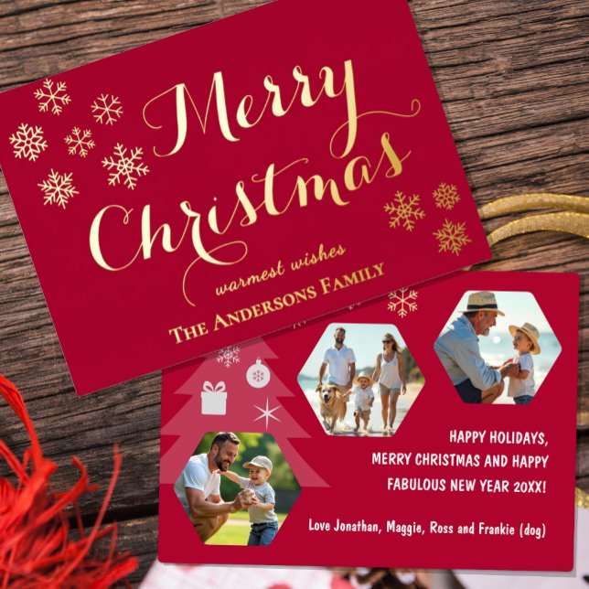 Festiva Con Relieve Metalizado Tarjeta de Navidad Familiar, Copos de Nieve, Rojo (Merry Christmas Family Photo Card / Real Foil)