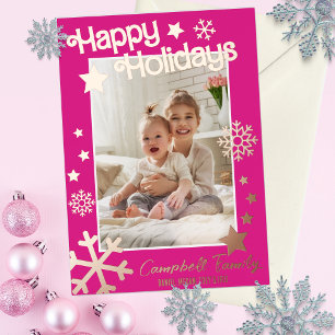 Festiva Con Relieve Metalizado Tarjeta de Navidad Real Foil Stars Rosa Caliente