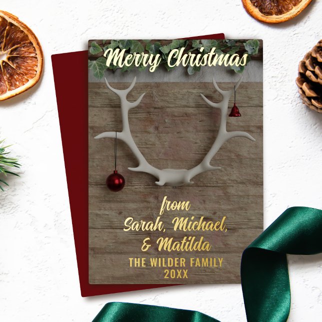 Festiva Con Relieve Metalizado Tarjeta de vacaciones de antillas de ciervo rústic (A rustic non photo holiday card with space for your greeting and family name. Real Foil!)