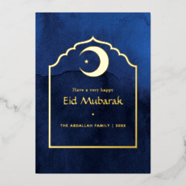 Festiva Con Relieve Metalizado Tarjeta de vacaciones de Eid Mubarak azul marino y